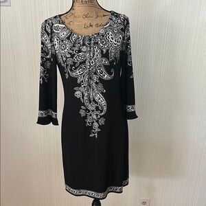 Signature London Style Chic Black Dress with White Paisley Pattern